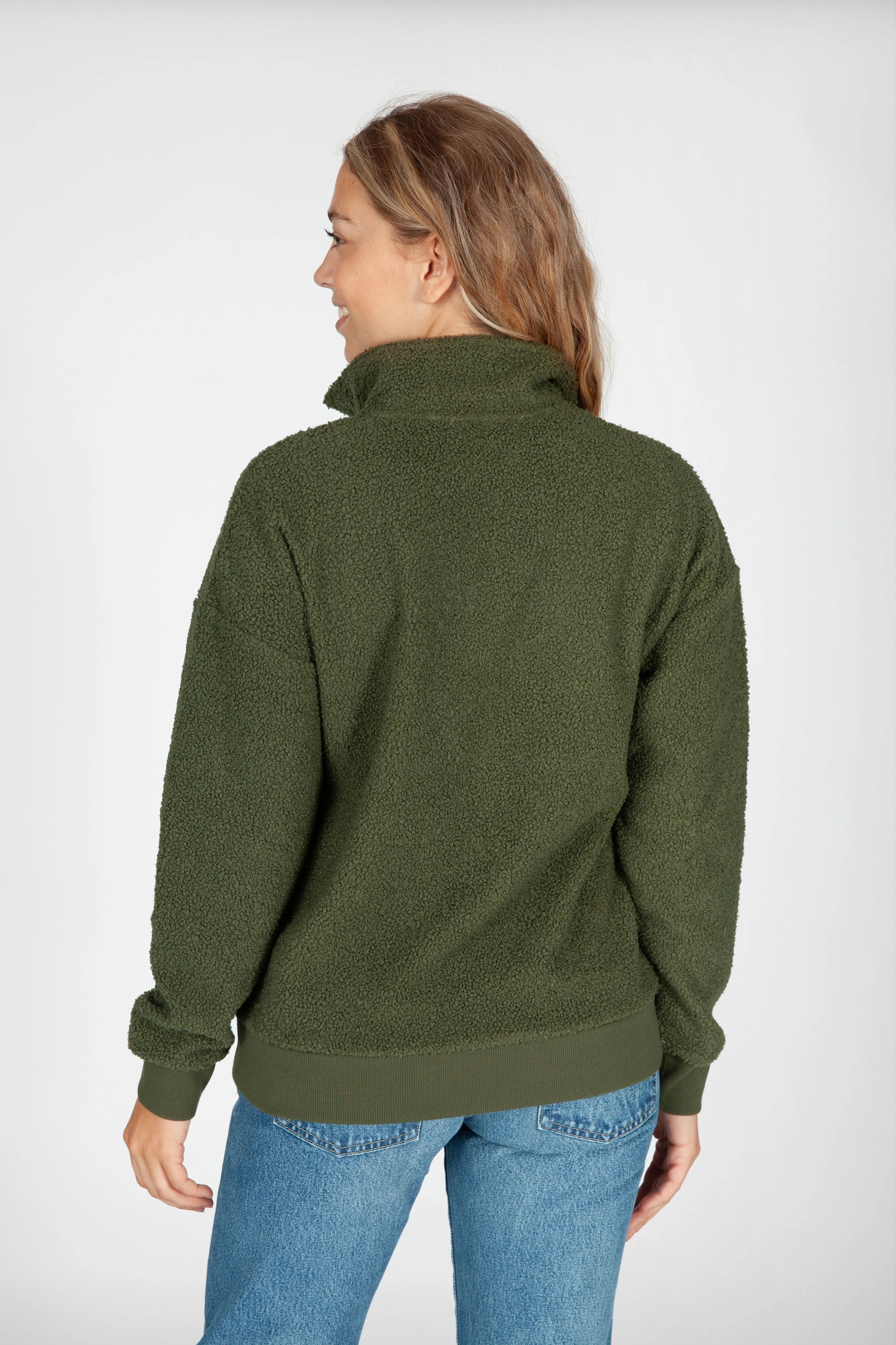 Steph Teddy Sherpa Half Zip Pullover in Winter Moss