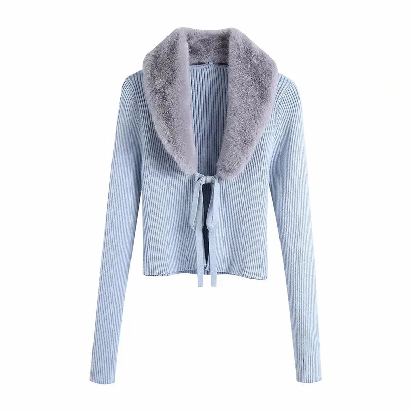 TAVIMART  -  Ladies Autumn and Winter Fashion Faux Fur Collar Knitted Blue Short Cardigan Ladies Chic Lace Sweater Women Solid Color Sweater