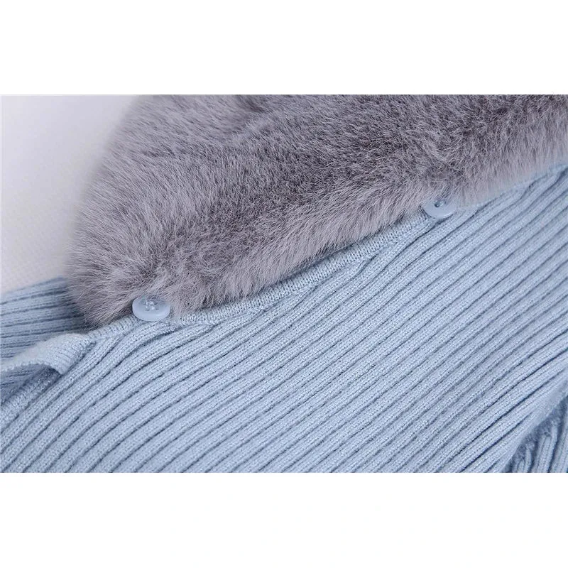TAVIMART  -  Ladies Autumn and Winter Fashion Faux Fur Collar Knitted Blue Short Cardigan Ladies Chic Lace Sweater Women Solid Color Sweater