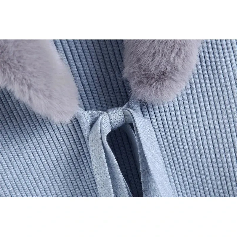 TAVIMART  -  Ladies Autumn and Winter Fashion Faux Fur Collar Knitted Blue Short Cardigan Ladies Chic Lace Sweater Women Solid Color Sweater