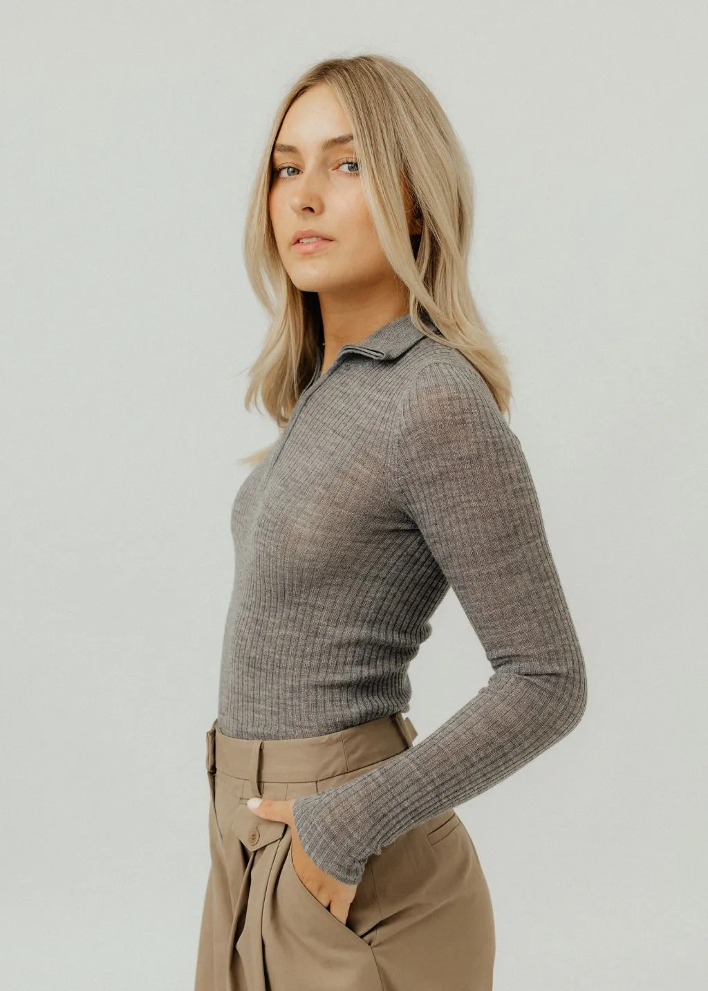 Tibi Featherweight Ribbed Turtleneck Zip Up Sweater in Grey