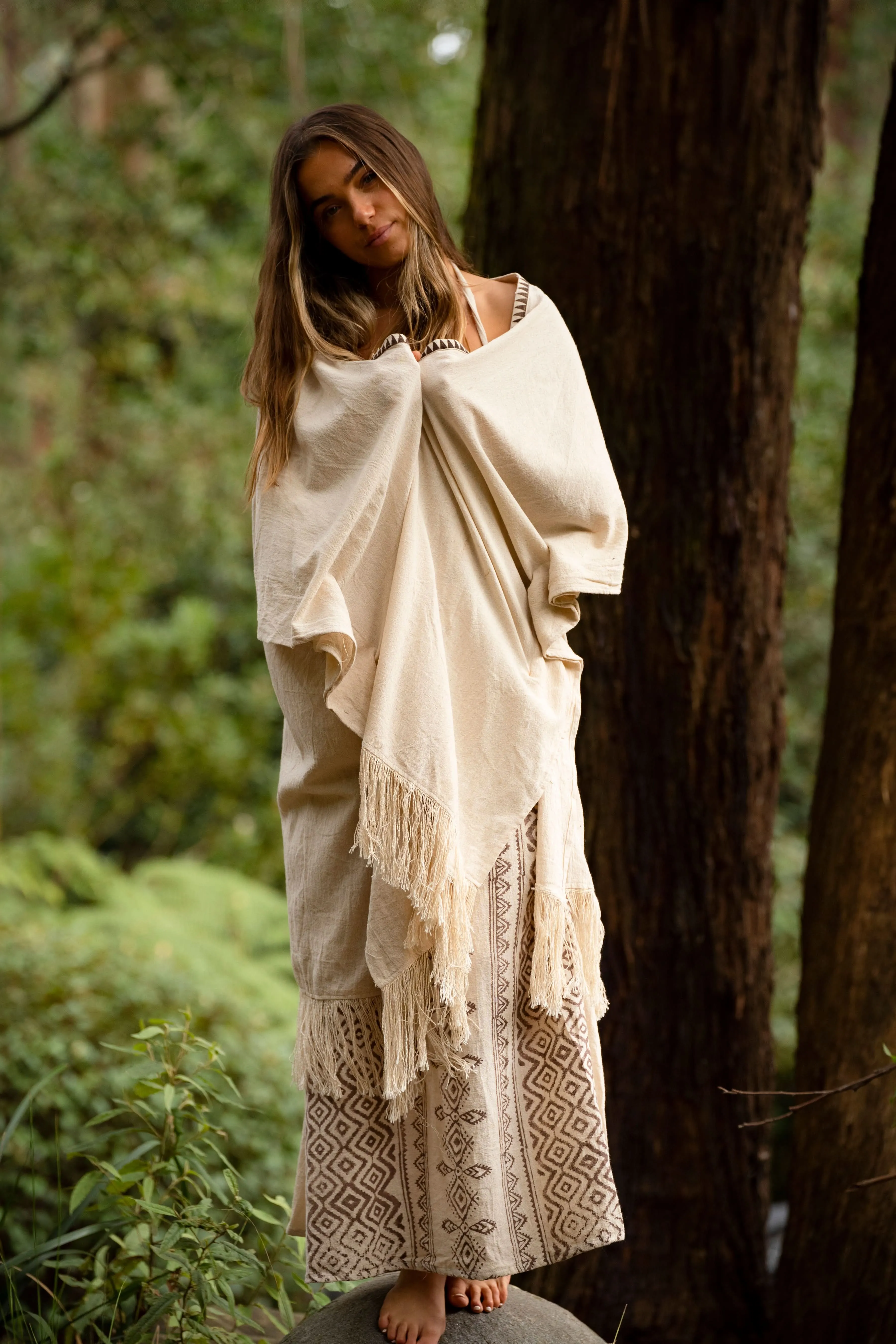 Tribal Frayed Kimono - Cream