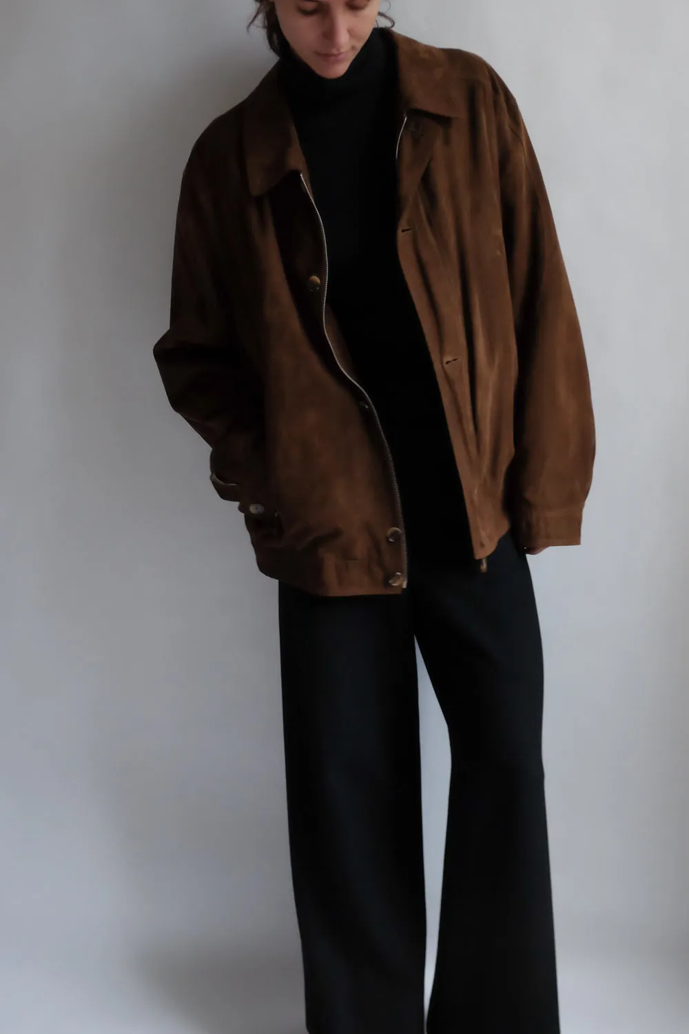 VINTAGE BROWN FAUX VEGAN SUEDE BOMBER JACKET