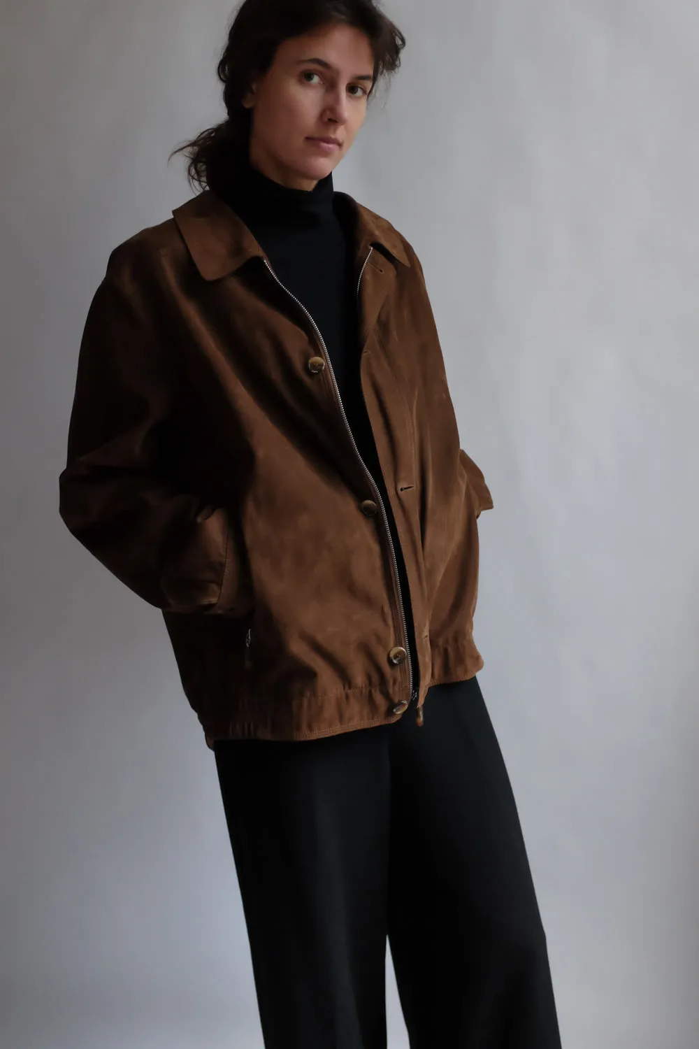 VINTAGE BROWN FAUX VEGAN SUEDE BOMBER JACKET