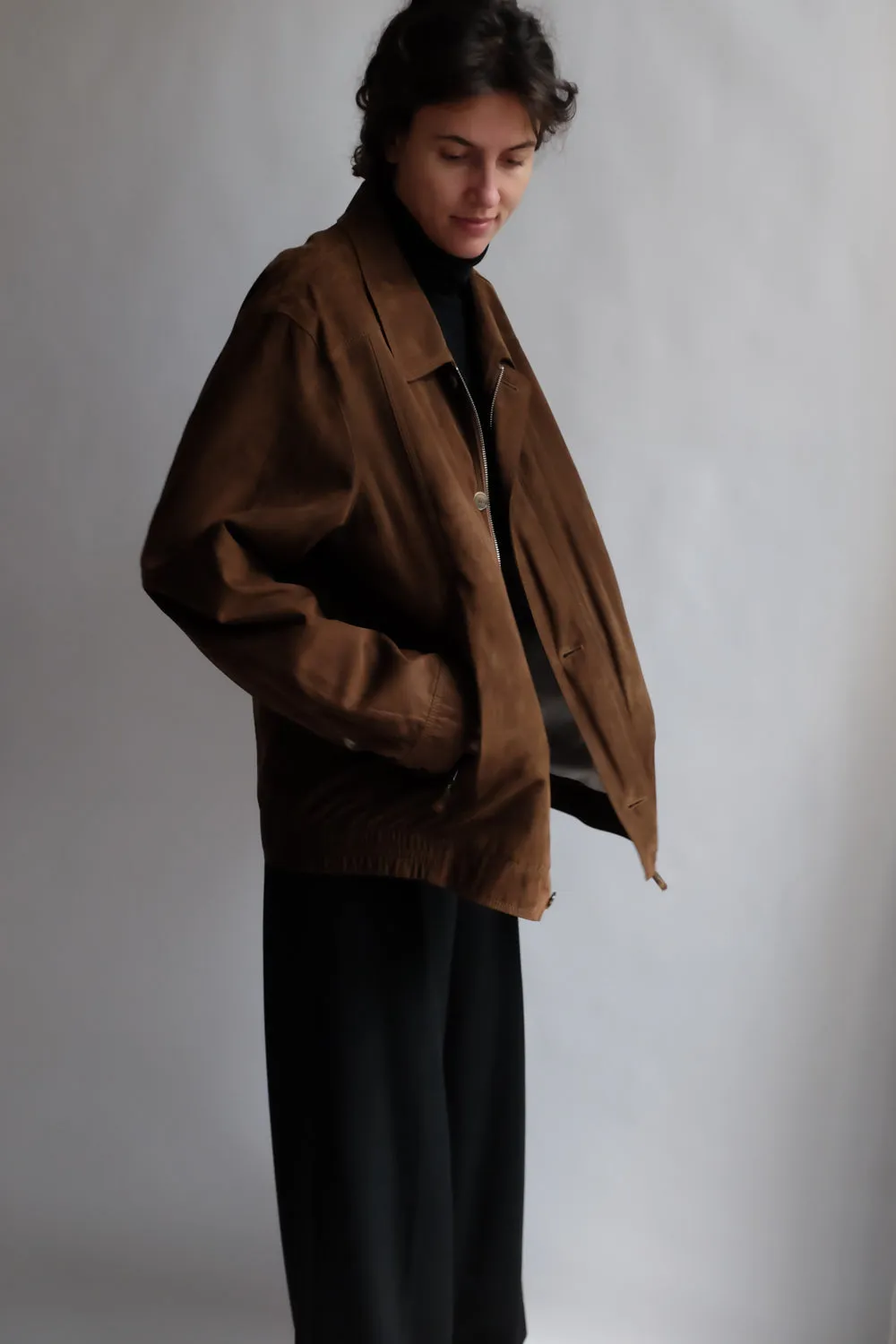 VINTAGE BROWN FAUX VEGAN SUEDE BOMBER JACKET