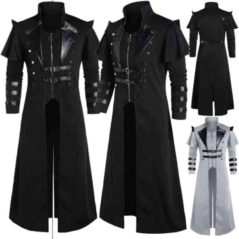Vintage Men's Gothic Steampunk Long Jacket – Retro Medieval Warrior Knight Overcoat