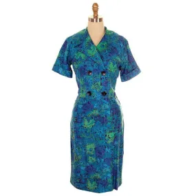 Vintage Summer Ladies Suit Blue Cotton Print 1950s Small