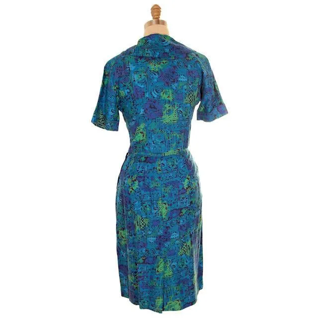 Vintage Summer Ladies Suit Blue Cotton Print 1950s Small