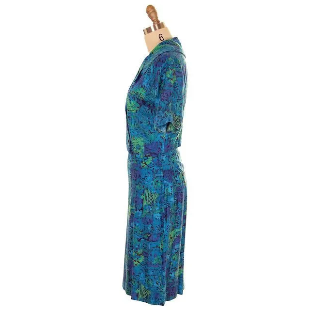 Vintage Summer Ladies Suit Blue Cotton Print 1950s Small