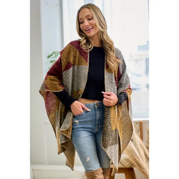 Wine Multi Color Knit Shawl Open Wrap Geo Block Cardigan Sweater One Size