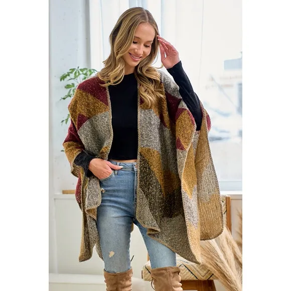 Wine Multi Color Knit Shawl Open Wrap Geo Block Cardigan Sweater One Size