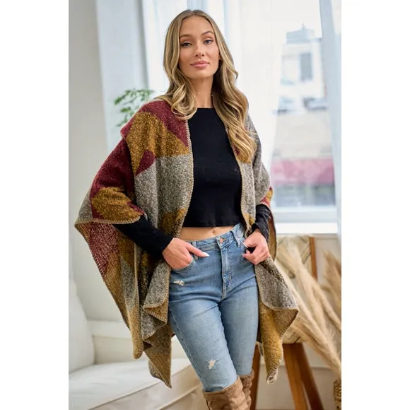 Wine Multi Color Knit Shawl Open Wrap Geo Block Cardigan Sweater One Size