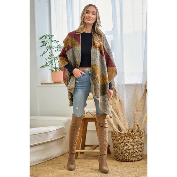 Wine Multi Color Knit Shawl Open Wrap Geo Block Cardigan Sweater One Size