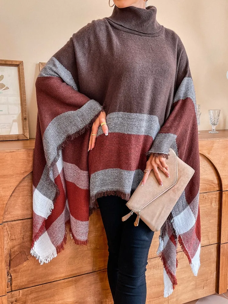 Wjczt Autumn Winter New Turtle Neck Plaid Fringed Shawl Cloak Fashion Casual Coat Cloak Pullover Women Sweater Long Sleeve Top
