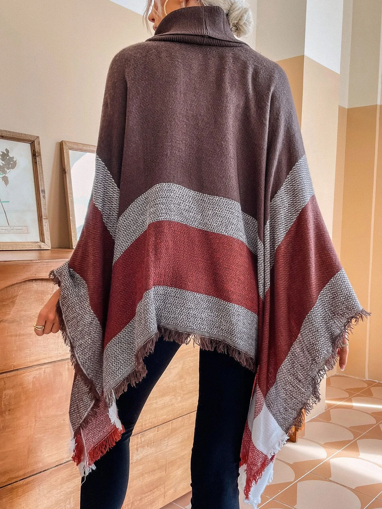 Wjczt Autumn Winter New Turtle Neck Plaid Fringed Shawl Cloak Fashion Casual Coat Cloak Pullover Women Sweater Long Sleeve Top