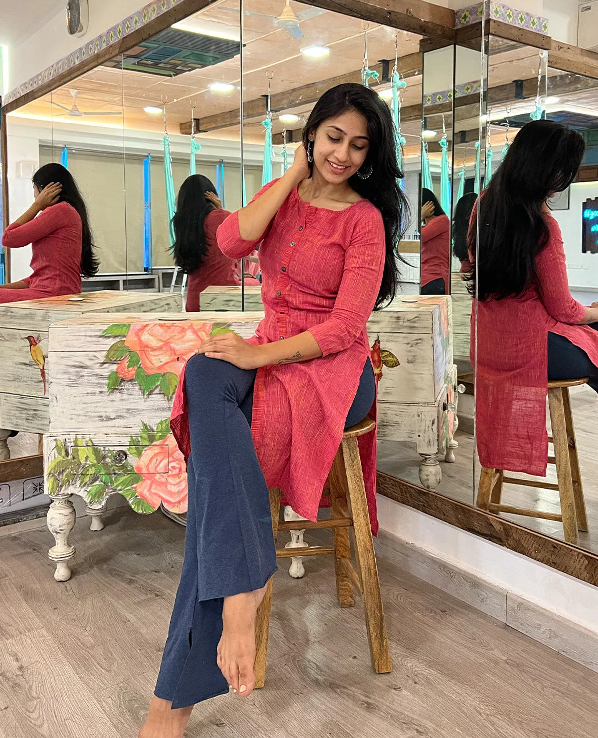 Women High Waist Cotton Side Slit Flared Pants