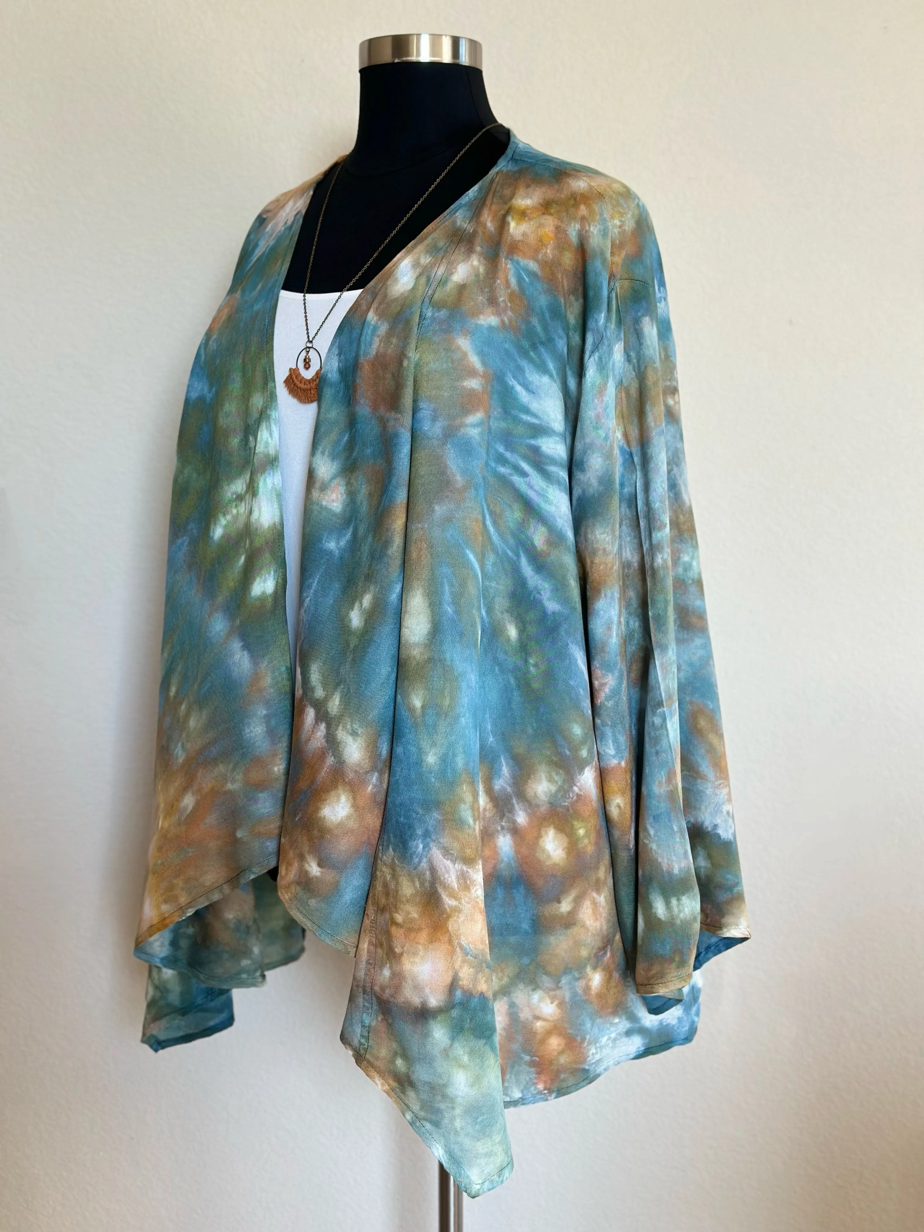 Women’s 2X 100% Rayon Waterfall Kimono Jacket in ‘Teal Gold’