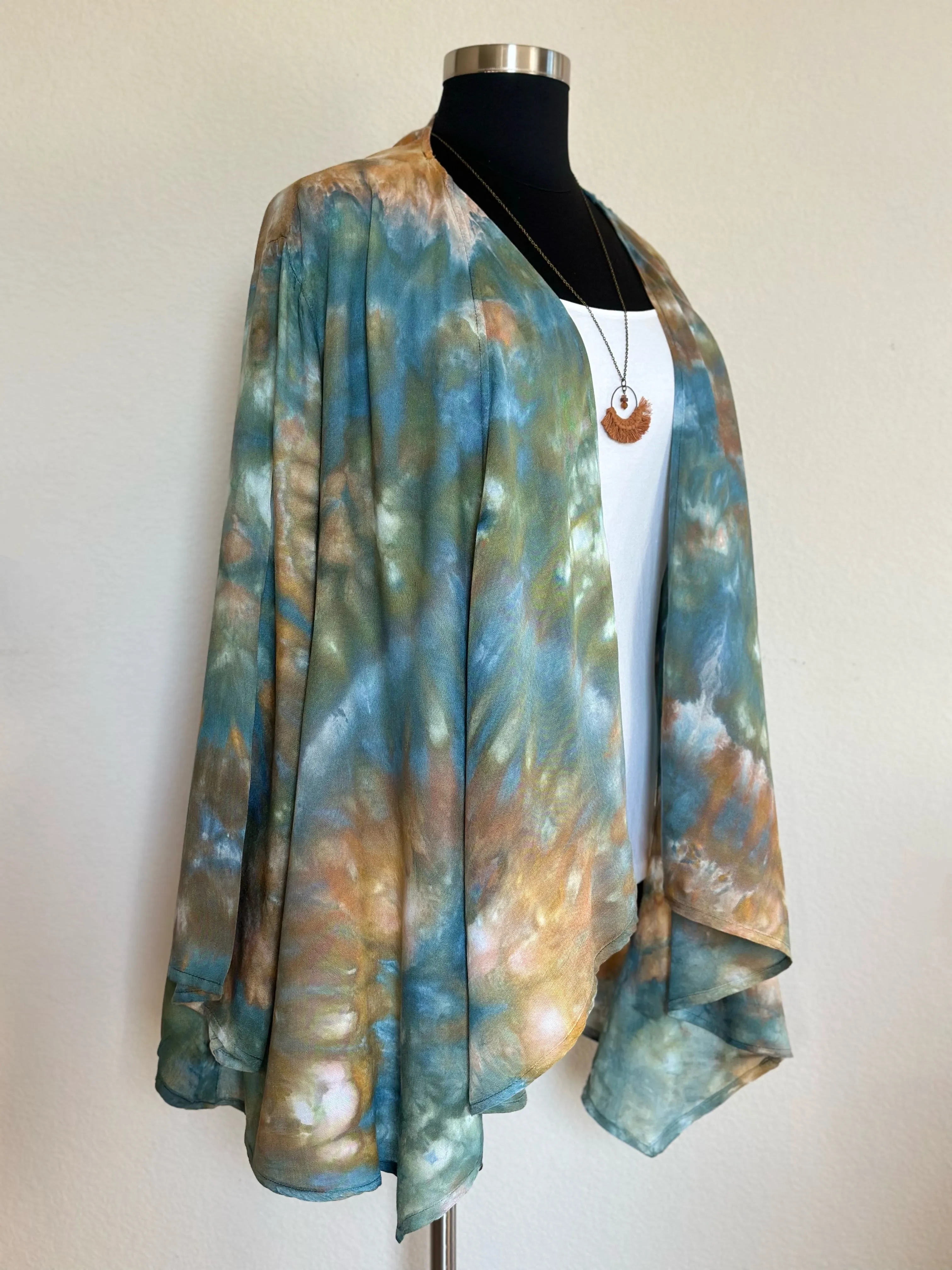 Women’s 2X 100% Rayon Waterfall Kimono Jacket in ‘Teal Gold’