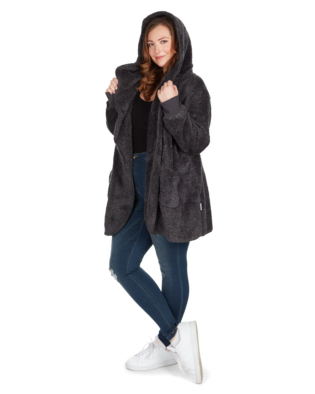 Women's Marled Plush Hooded Lounge Sweater with Shawl Collar