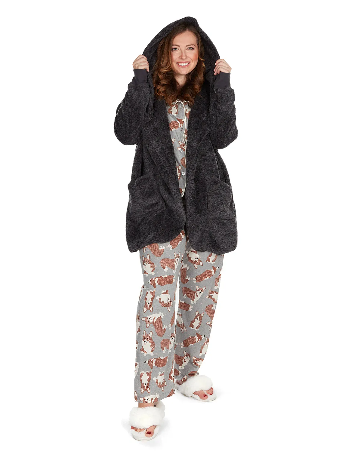 Women's Marled Plush Hooded Lounge Sweater with Shawl Collar