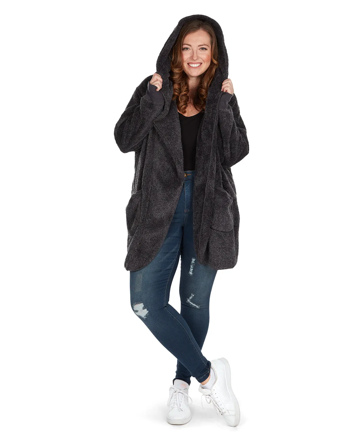 Women's Marled Plush Hooded Lounge Sweater with Shawl Collar