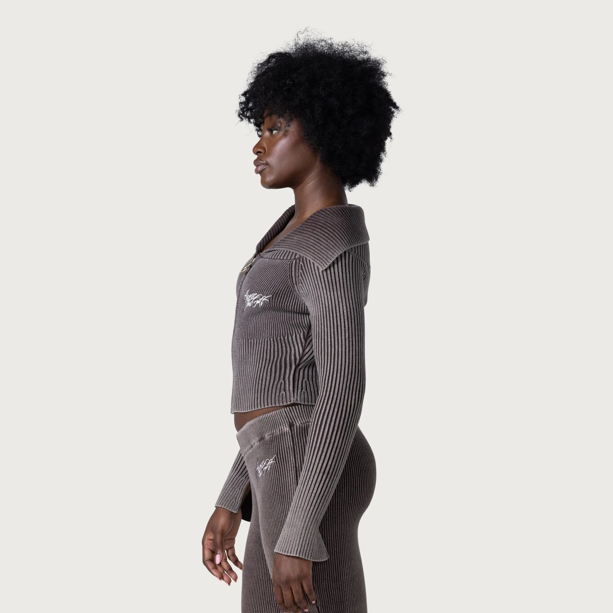 Womens Washed Shawl Zip Front - Brown