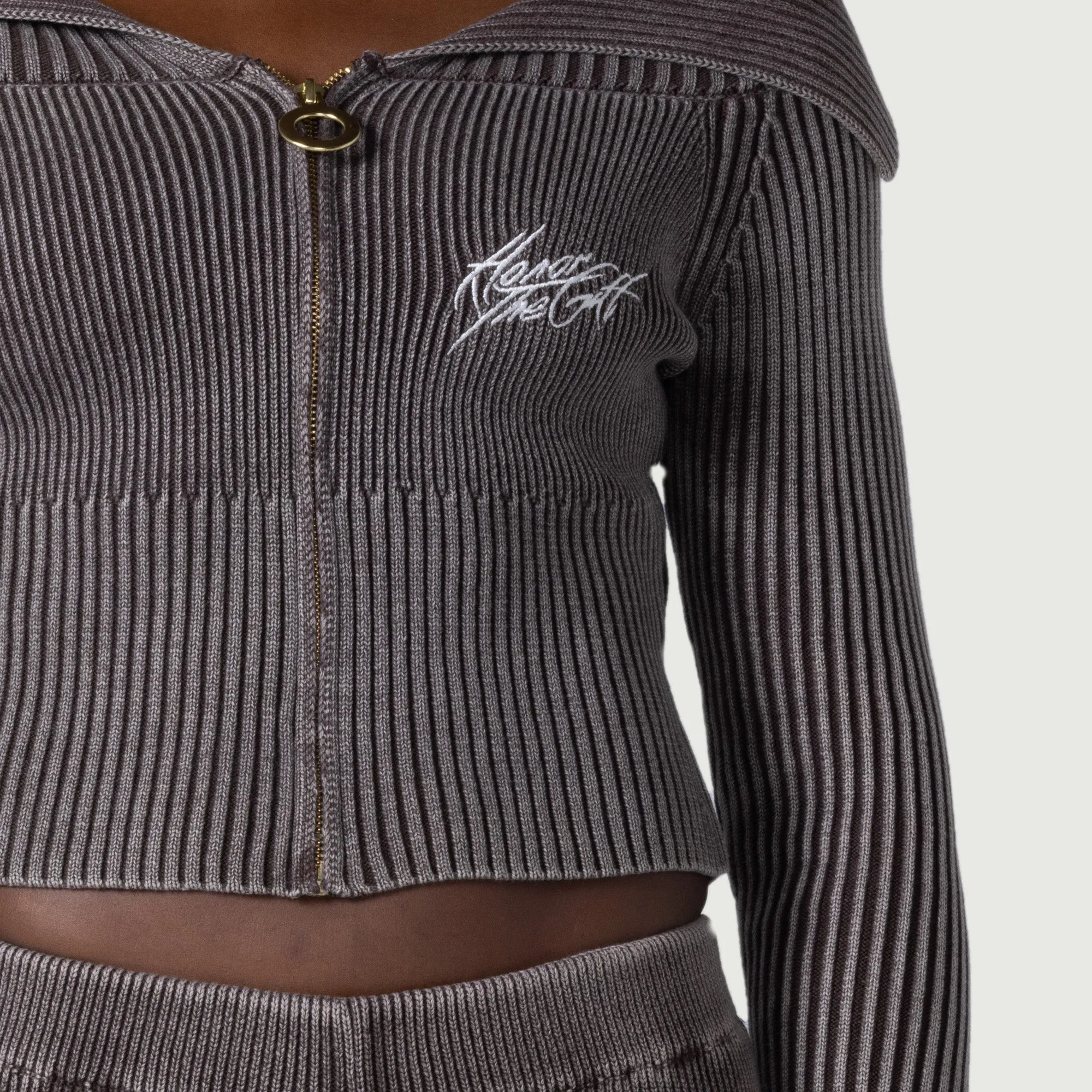 Womens Washed Shawl Zip Front - Brown